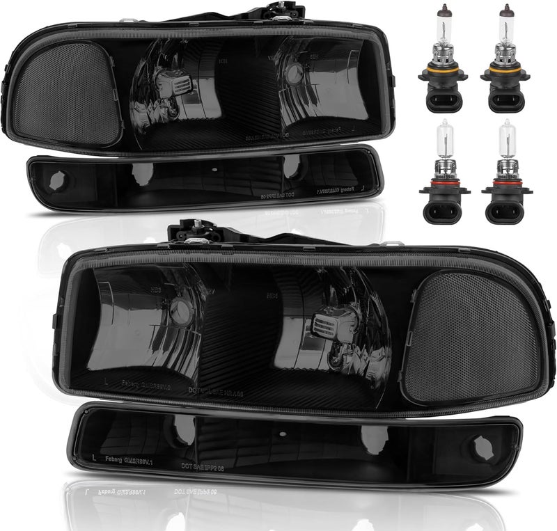 KUIPERAUTO Headlight Assembly Front Lamp Compatible with 1999-2006 GMC Sierra 1500 2500, 2000-2006 GMC Yukon with Black Housing/Smoked Lens/Clear Corner with Bulbs - Image 1